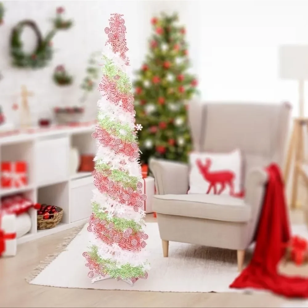 5FT Artificial Pencil Christmas Tree, Red Green White Pop Up Small Christmas Ti